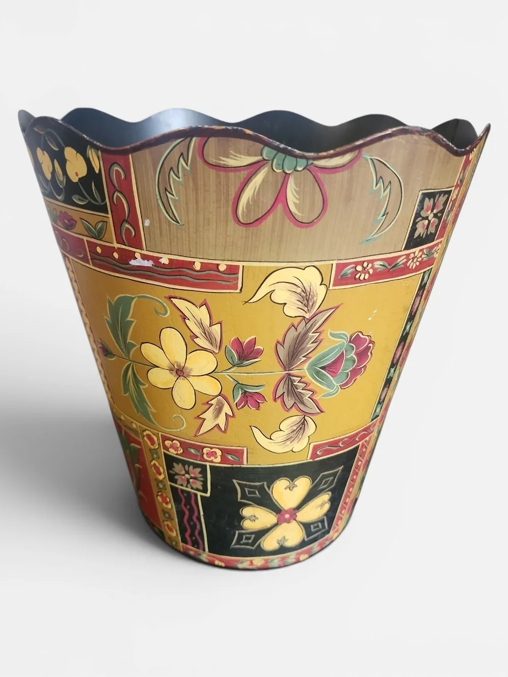 Hand-painted metal bucket floral folk art design, decorative planter Trash Can